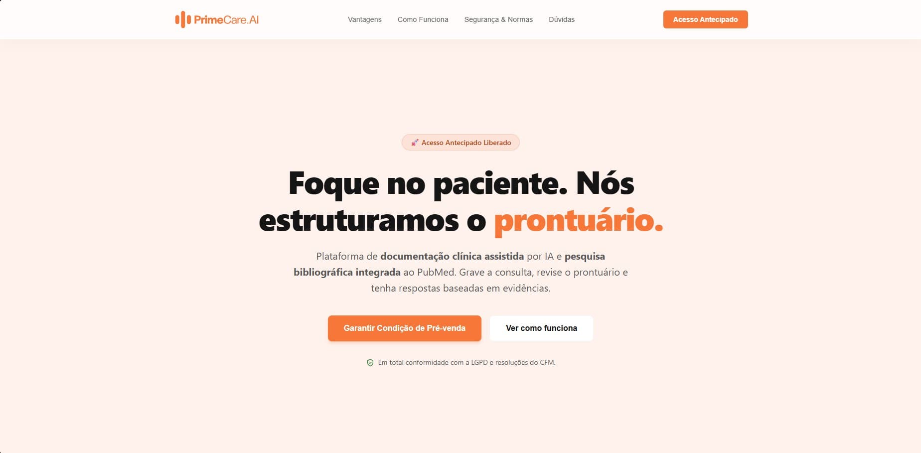 Página de pré-lançamento para o PrimeCare.AI